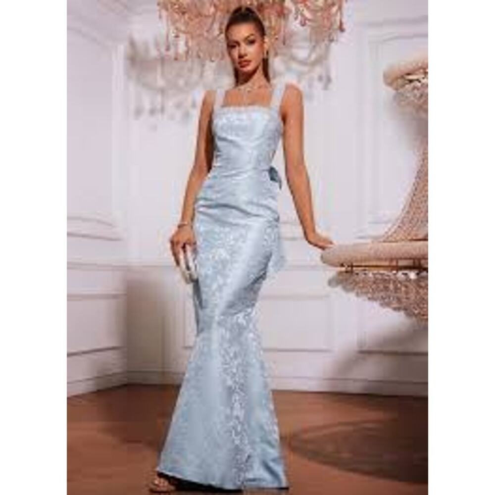 Blue Jacquard Sequin Corset Back Removable Bow Dress Long Gown Sz S - Picture 2 of 16